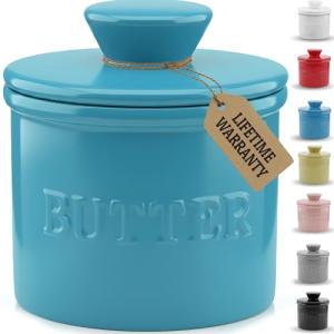 PriorityChef French Butter Crock with Lid, Keep Butter Spreadable & Fresh, Butter Keeper to Leave On Counter, French Butter Dish Perfect for Bread and Toast, Ideal Kitchen Gift, Turquoise