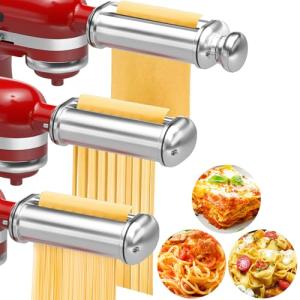 Pasta Maker Attachment for All Kitchenaid Stand Mixers, 3 PCS Kitchen Aid Pasta Attachments Included Pasta Dough Roller, Fettuccine Cutter, Spaghetti Cutter and Cleaning Brush