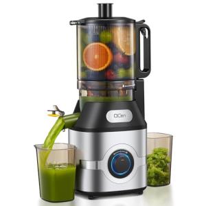 QCen Cold Press Juicer, 5.5” Wide Feed Chute Slow Masticating Juicer Machine for Whole Fruits and Vegetables, Easy to Clean (Silver)