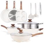 NEWBULIG 17-Piece Cookware Set, Nonstick & Non-Toxic Pots and Pans with Stay-Cool Handles, Induction Compatible, Cream White
