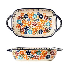 Bicuzat Colorful Cherry Blossom Flowers Vintage Style Ceramic Bakeware Dish Casserole Dish Baking Pan Lasagna Pans with Handles for Oven/Cooking/Kitchen, 1 PCS, 22 oz