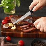 OLULU Steak Knives Set of 4, Stainless Steel Serrated Steak Knife Set, Dishwasher Safe (Unique Food Themed Design)