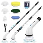 Electric Spin Scrubbers, Cordless Cleaning Brush, Versatile Floor Tile Scrubber Dual Speed with 6 Replaceable Heads and Adjustable Extension Handle for Efficient Bathroom Tub and Floor Cleaning-White