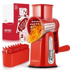 SUSTEAS Rotary Cheese Grater with Handle - Vegetable Shredder with 5 Well-designed Blades & Strong Suction Base,Round Mandoline Slicer & Food Chopper for Kitchen,with Blade Storage Box(Red)