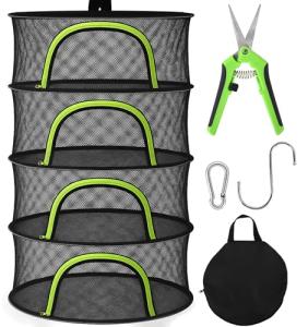 BRIVADO Herb Drying Rack Hanging Mesh 4 Layer 24" with Zipper, Garden Pruning Shear, Hook & Carabiner Clip for Drying Herbs, Plants, Seeds, Buds | Hydroponics & Grow Tents Herb Dryer Hanging Rack