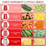 SUSTEAS Rotary Cheese Grater with Handle - Vegetable Shredder with 5 Well-designed Blades & Strong Suction Base,Round Mandoline Slicer & Food Chopper for Kitchen,with Blade Storage Box(Red)