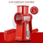 SUSTEAS Rotary Cheese Grater with Handle - Vegetable Shredder with 5 Well-designed Blades & Strong Suction Base,Round Mandoline Slicer & Food Chopper for Kitchen,with Blade Storage Box(Red)
