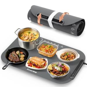 Kourice Food Warming Mat, Fast Heating Silicone Electric Warming Tray, 3 Temperature Settings, Auto Shut-Off Raised Feet Protects Table, Roll Up Food Warmer for Gatherings,Parties, Everyday Use