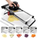 X Home Adjustable Mandoline Slicer for Kitchen, Stainless Steel Food Slicer, Vegetable Slicer for Cucumber, Potato, Carrot, Onion, Cleaning Brush & Food Pusher Included, Easy to Use & Clean