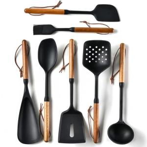 Exquisite Silicone Cooking Utensils Set - Non-Toxic, Heat-Resistant Kitchen Utensils Set with Food-Grade Silicone & Wood Handles - Includes Spatula & Spoon for Non-Stick Cookware, Black