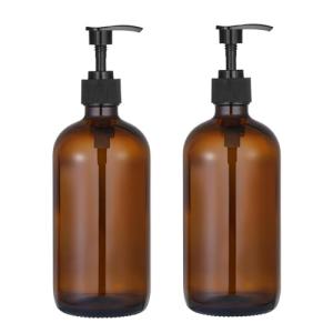 CHBKT 2pcs 16oz Amber Glass Jar Soap Dispenser with Black Plastic Pump, Bathroom Soap Dispenser Set for Farmhouse Home Kitchen Decor (Amber)