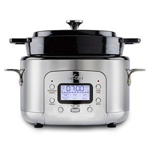All-Clad 5 Quart 7-in-1 Electric Slow Cooker with Stainless Steel and Cast Iron, 1200W - Black Enamel Crock