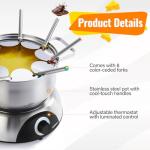 CUSIMAX 1500W Electric Fondue Pot Set, Fondue Pot for Chocolate, Cheese, Broth, Oil, Luminated Control Dial, Fondue Set with 8 Colour Coded Stainless Steel Forks, 1.4-Quart - Stainless Steel