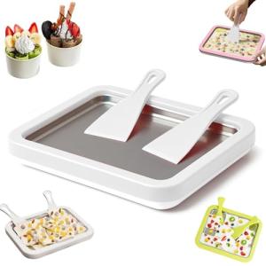 At Home Rolled Ice Cream Maker Kit, Instant Freeze Plate with 2 Scrapers,DIY Stainless Steel Ice Cream Makers Tray for Fun Freezer Desserts (White)