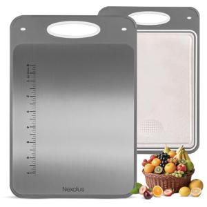 Nexolus 2 Pack Titanium Cutting Board Set, Large Double Sided - 16x11" + 14x9" - Stainless Steel Cutting Board for kitchen with Deep Juice Groove, Built-In Measurement Scale & Easy to Clean