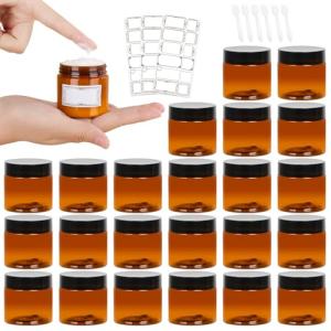 AuroTrends 2oz Amber Plastic Jars with Lids 24Pack, Small Salve Containers Ideal for Creams, Candles, Accessories and DIY Lotions, White Stickers and Spatula Included (60ml, Set of 24）