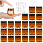 AuroTrends 2oz Amber Plastic Jars with Lids 24Pack, Small Salve Containers Ideal for Creams, Candles, Accessories and DIY Lotions, White Stickers and Spatula Included (60ml, Set of 24）