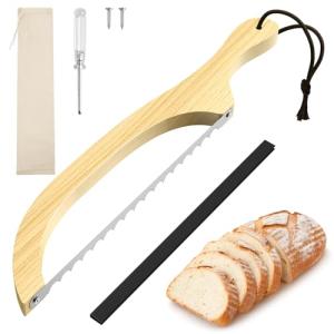 FTCIRA Bread Knife for Homemade Bread – 16" Walnut Bow Bread Cutter with Ultra-Sharp Serrated Stainless Steel Blade, Sourdough Bread Knife for Bagels, Baguettes, and Rustic Loaves - Wood Color