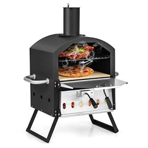 COSTWAY Picnic Outdoor Pizza Oven, Wood Fire Stone with Peel, Waterproof Cover, Fold-up Legs, Portable Stainless Steel Pizza Maker for Camping, Black + Silver