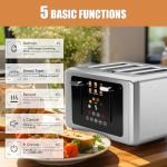 WUNLY 4 Slice Toaster, Touchscreen & Dual Independent Control Panel，5 Basic Functions & Digital Countdown Toasters, 6 Shade Settings＆6 Bread Types, Smart Bread Maker Mute/Screen-Off,Brushed steel