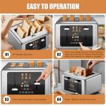 WUNLY 4 Slice Toaster, Touchscreen & Dual Independent Control Panel，5 Basic Functions & Digital Countdown Toasters, 6 Shade Settings＆6 Bread Types, Smart Bread Maker Mute/Screen-Off,Brushed steel