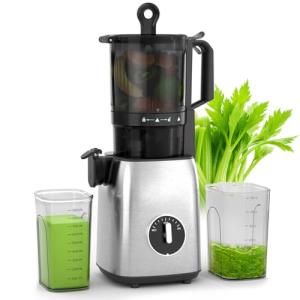 Crzoe 300W Cold Press Juicer with a 5.4 Wide Feed Chute for Whole Fruits and Vegetables,Vintage knob,Slow Masticating juicer, Easy to Clean and High juice Yield,Square body,Stainless Steel