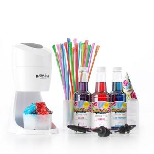 Hawaiian Shaved Ice Machine Kit - 3 Flavors, 25 Cups, Straws, Pourers, Ice Molds
