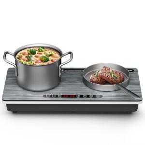 Double Induction Cooktop 1800W with Wood Grain Panel, Dual 900W Burners Portable Electric Stove, Touch Control, 8 Temperature Levels, Fast Heating & Safety Protection for Home Apartment RV