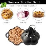 JULYSVE Cast Iron Smoker Box & Garlic Roaster, Pre-Seasoned Dual Use for Gas Grill Pellet Grill Charcoal & Oven, Wood Chip Smoker Box with Airflow Holes Vegetable Roaster, Potato & Brie Baker