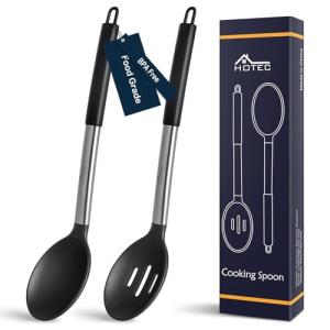HOTEC 446°F Heat Resistant Large Silicone Cooking Spoon, BPA Free Solid Slotted Spoons, Nonstick Kitchen Cookware Utensils, Mixing, Serving, Stiring Large Spoons, Black