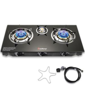 BesNerg Propane Stove 3 Burner Gas Stove, 34000 BTU High-Efficiency Auto Ignition Tempered Glass LPG Cooktop with CSA Regulator and Hose – for Outdoor Camping, RV, and Emergency Cooking