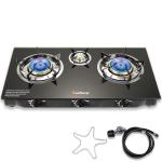 BesNerg Propane Stove 3 Burner Gas Stove, 34000 BTU High-Efficiency Auto Ignition Tempered Glass LPG Cooktop with CSA Regulator and Hose – for Outdoor Camping, RV, and Emergency Cooking