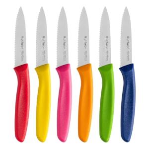 Ruffulon Stainless Steel Paring Knife With Serrated Blade, 6 Pieces Set Vegetable and Fruit Knife, Ultra Sharp Small Kitchen Knife, Colorful Paring Knifves with PP Plastic Ergonomic Handle.