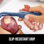 GORILLA GRIP Patented BPA-Free Sharp Stainless Steel Dual Swivel Vegetable Peeler, Soft Comfortable Handle, Smoothly Peel Apples, Potatoes, Carrots, Includes Blade Cover, Kitchen Tool Peelers, Blue