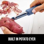 GORILLA GRIP Patented BPA-Free Sharp Stainless Steel Dual Swivel Vegetable Peeler, Soft Comfortable Handle, Smoothly Peel Apples, Potatoes, Carrots, Includes Blade Cover, Kitchen Tool Peelers, Blue