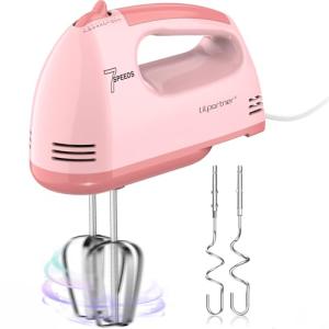LILPARTNER Hand Mixer Electric, Small Food Mixer 7 Speeds Handheld Blender, 304 *(2* Beater, 2*Dough Hook) Kitchen Blender for Cream, Cookies, Dishwasher Safe, Pink