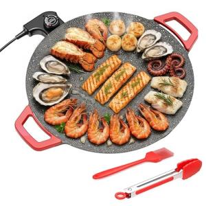 Dzanwo Electric Indoor Grill Nonstick Smokeless, 14 Inch Round Griddle with Temperature Control, Includes Oil Brush & Food Tongs for Kitchen, BBQ, Pan Searing Steak, Pancakes