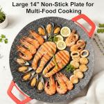 Dzanwo Electric Indoor Grill Nonstick Smokeless, 14 Inch Round Griddle with Temperature Control, Includes Oil Brush & Food Tongs for Kitchen, BBQ, Pan Searing Steak, Pancakes