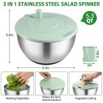 Salad Spinner Stainless Steel, 5.3-Quart Lettuce Washer Spinner for 2–3 Servings, Large Vegetable&Fruit Wash Bowl with Strainer, Includes 5-Blade Slicer — Perfect Salad Making Tool for Healthy Eaters