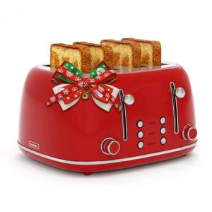 Toaster 4 Slice, Retro Stainless with 6 Bread Shade Settings,1.5''Wide Slots Toaster with Cancel/Defrost/Reheat,Dual Independent Control Panel(Red)