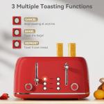 Toaster 4 Slice, Retro Stainless with 6 Bread Shade Settings,1.5''Wide Slots Toaster with Cancel/Defrost/Reheat,Dual Independent Control Panel(Red)