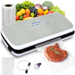 NutriChef Food Vacuum Sealer Machine - Automatic Air Sealing System for Dry & Moist Foods, LED Touch Controls, Includes Vacuum Bags, Hose & Wine Stopper, High Suction Power, 14"x6"x3", Silver