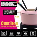 Artestia Cast Iron Cheese Fondue Pot Set for Chocolate Swiss Fondue Set Camping Fondue Set with 6 Fondue Forks, 11-Piece Cheese Fondue Set Serve 6 Persons (Pink)