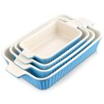 MALACASA Casserole Dishes for Oven, Porcelain Baking Dishes, Ceramic Bakeware Sets of 4, Rectangular Lasagna Pans Deep with Handles for Baking Kitchen, Blue (9.4"/11.1"/12.2"/14.7"), Series BAKE.BAKE