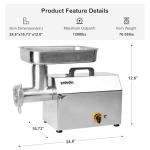 Paladin Equipment #32 Electric Commercial Meat Grinder, 2 HP Heavy Duty Stainless Steel Meat grinder Machine with Sausage Sufffer, 21 lbs Per Minute, Ideal for deer processing, Pet Food,Heavy Use