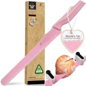 CoquusAid 2025 Upgrade Bread Knife for Homemade Bread, World‘s 1st Double Serrated Knife with 5 Thickness Adjustable Slicing Guide, Stainless Steel Bread Cutter, Razor Sharp for Sourdough, Pink