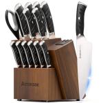 Astercook Knife Set, Kitchen Knives Set with Block and Dual Sharpener Full Tang 15 Pcs German Stainless Steel Knives Sharp Blade Dishwasher Safe Knife Set with Ergonomic Handle, Elegant Black
