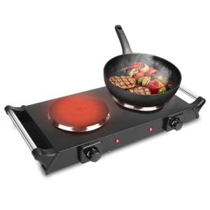 Electric Countertop Double Burner, 2000W Cooktop with Cast Iron Hot Plate & Stay Cool Handles, 5 Level Temperature Control, Easy to Clean, Indicator Lights, Cooking Stove for Office Home Camping RV