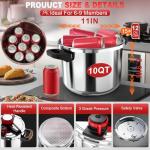 3-In-1 304 Stainless Steel Pressure Cooker 10 QT: [Explosion-Proof] [3 PSI Settings], One-Hand Locking, Induction Compatible, Glass Lid & Steamer Rack Included, Olla de Presion