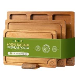 THETCHRY Acacia Wood Cutting Board Set,Thick Wooden Cutting Board for Kitchen with Holder,Chopping Board with Deep Grooves&Built-in Handles, Wooden Charcuterie Board Trays for Meat,Fruit,Cheese